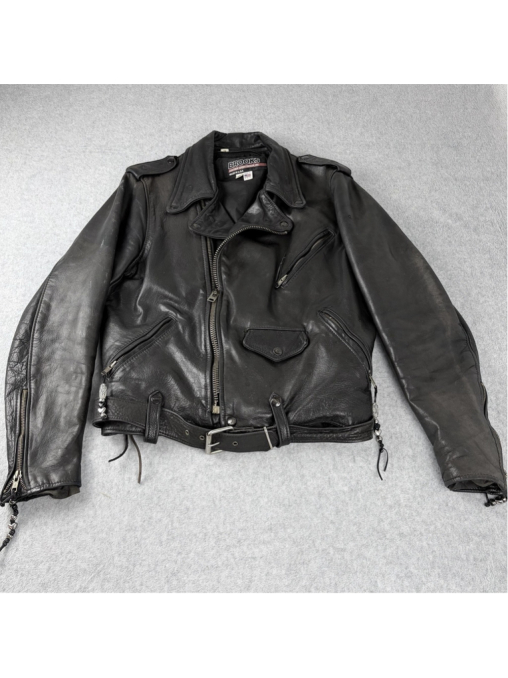 BROOKS Vintage Leather Motorcycle Jacket Mens 40 Black USA Belted Biker
